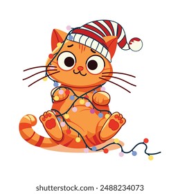 Cute and funny ginger cat in Santa hat playing with Christmas garland on the white background. Merry Christmas and Happy New Year. Vector illustration in flat style