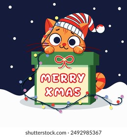 Cute and funny ginger cat in Santa hat playing with Christmas garland sitting hiding behind gift box . Merry Christmas and Happy New Year concept. Vector illustration in flat style