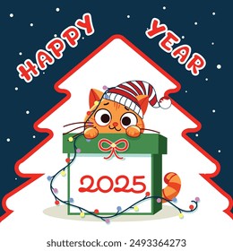 Cute and funny ginger cat in Santa hat playing with Christmas garland sitting hiding behind gift box . Merry Christmas and Happy New Year concept. Vector illustration in flat style