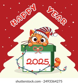 Cute and funny ginger cat in Santa hat playing with Christmas garland sitting hiding behind gift box . Merry Christmas and Happy New Year concept. Vector illustration in flat style