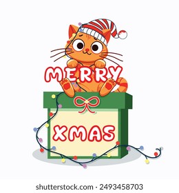 Cute and funny ginger cat in Santa hat playing with Christmas garland and gift box. Merry Christmas and Happy New Year concept on white background. Vector illustration in flat cartoon style