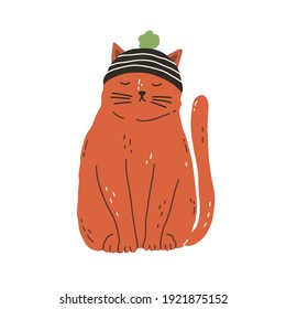 Cute and funny ginger cat wearing knitted hat with pompom and sitting with closed eyes. Adorable kitty meditating. Hand-drawn flat vector illustration isolated on white background in doodle style