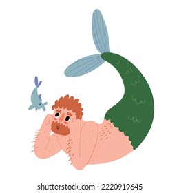 Cute and funny ginger merman lying on belly, hand drawn vector illustration in flat style