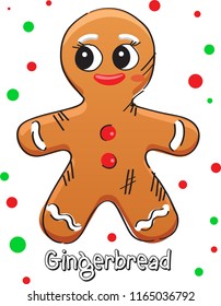 Cute, funny gingerbread man has big eyes with color circles illustration. emoji, cartoon character, sketch vector. Happy new year 2019