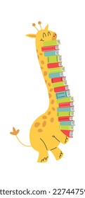 Cute jirafa graciosa con un ícono plano de libros. Ilustración del vector