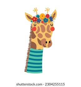 Cute funny giraffe in floral wreath, t-shirt. Hand drawn cartoon character illustration. Scandinavian style flat design, isolated vector. Kids print element, flower crown, summer blooms, blossoms