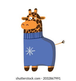 cute funny giraffe in warm sweater, vector clipart, children's funny illustration with cartoon character