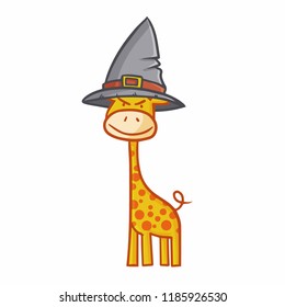 Cute and funny giraffe wearing witch hat for Halloween - vector.