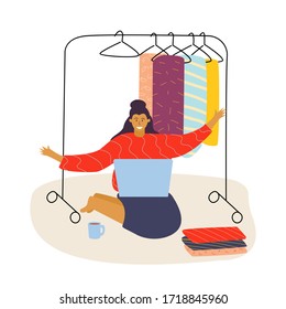 Cute funny girl blogger with a laptop creates content and posts it on social networks, blogs or video blogs. Review of new clothes purchases on the hanger. Vector flat illustration.