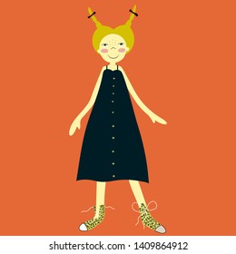 Cute funny girl in a dress .Girl is standing in leopard sneakers on the orange background . Cartoon vector card design.
