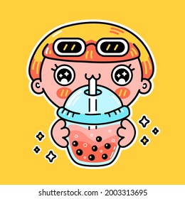 Cute funny girl drink bubble tea from cup. Vector hand drawn cartoon kawaii character illustration sticker logo icon. Asian boba, woman and bubble tea drink cartoon character poster concept