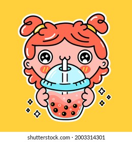 Cute funny girl drink bubble tea from cup. Vector hand drawn cartoon kawaii character illustration sticker logo icon. Asian boba, woman and bubble tea drink cartoon character poster concept