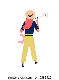 Cute funny girl in hat sending messages via smartphone while walking. Young woman using mobile phone for online communication. Person addicted to social networks. Flat cartoon vector illustration.