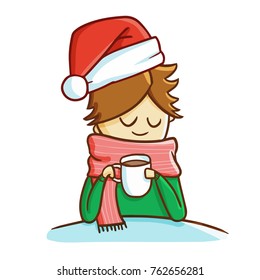 Cute and funny girl holding a cup wearing Santa's hat for Christmas and smiling - vector.