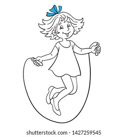 Cute funny girl is jumping across the rope. Black and white picture with  blie accent. In cartoon style. Isolated on white background. For coloring book.