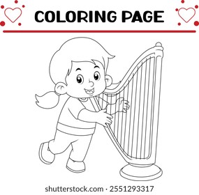 cute funny girl is learning harp instrument coloring page for kids