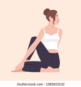 Cute funny girl in Matsyendrasana posture. Female cartoon character performing yoga, fitness or gymnastics exercise. Training yogi woman isolated on light background. Flat vector illustration.