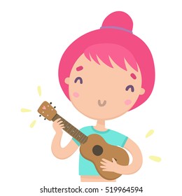 Cute funny girl playing ukulele. Vector cartoon character. Hand drawn illustration