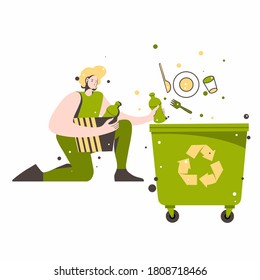 Cute funny girl putting rubbish in trash bins, dumpsters or containers. Happy woman or men practicing garbage collection, sorting and recycling. Flat cartoon vector illustration.