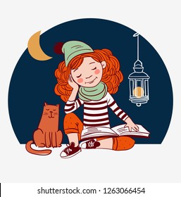 Cute, funny girl reads a book - Vector