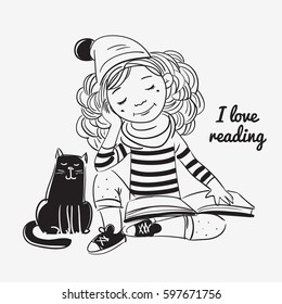 Cute, funny girl reads a book