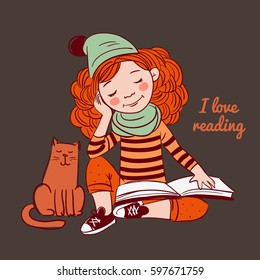 Cute, funny girl reads a book