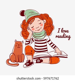 Cute, funny girl reads a book