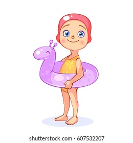 Cute funny girl in a rubber swimming cap is holding a children's inflatable lifebuoy. Summer cartoon vector art isolated on white background.