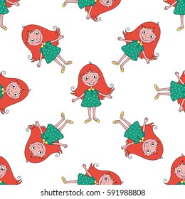 Cute funny girl seamless pattern on white background. Child drawing cartoon style.