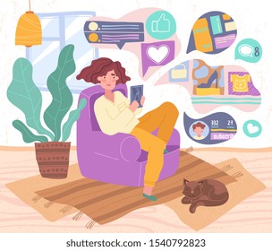 Cute funny girl sitting in comfy armchair and surfing internet on her smartphone. Smiling young woman using social network at home. Online search and communication. Cartoon vector illustration.