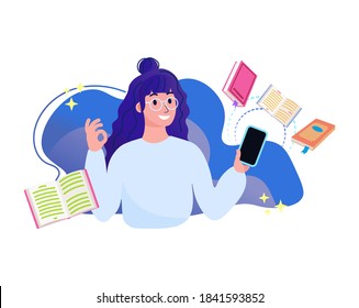 Cute funny girl with smartphone reading books or studying online. Student learning online at home. Online library, book store, education concept. Reader app. Flat cartoon vector illustration.