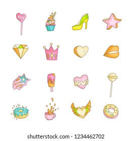 Cute funny Girl teenager colored icon set, fashion cute teen and princess icons. Magic fun cute girls objects - star, heart, high heel, crown, lips lollipops and other hand draw teens collection.