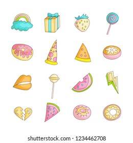 Cute funny Girl teenager colored icon set, fashion cute teen and princess icons. Magic fun cute girls objects - watermelon, broken heart, lollipops, gift box and other hand draw teens collection.