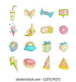 Cute funny Girl teenager colored icon set, fashion cute teen and princess icons. Magic fun cute girls objects - bows, cocktails, banana, pizza, lightning, gift and other hand draw teens collection.
