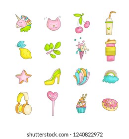 Cute funny Girl teenager colored icon set, fashion cute teen and princess icons. Magic fun cute girls objects - unicorn, cherry, sweets, cocktails, rainbow and other hand draw teens icon collection.