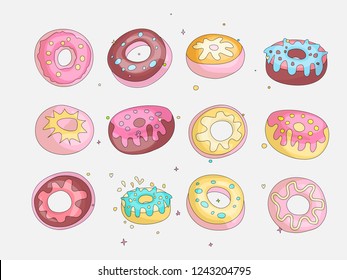 Cute funny Girl teenager colored icon set donuts, fashion cute teen and princess icons. Magic fun cute girls donuts hand draw teens icon collection.