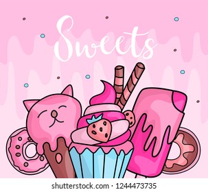 Cute funny Girl teenager colored icon set sweets, fashion cute teen and princess icons. Magic fun cute girls cupcake, donuts and ice cream hand draw teens icon collection with pink decoration.