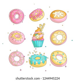 Cute funny Girl teenager colored icon set donuts, fashion cute teen and princess icons. Magic fun cute girls donuts and cupcake hand draw teens icon collection.