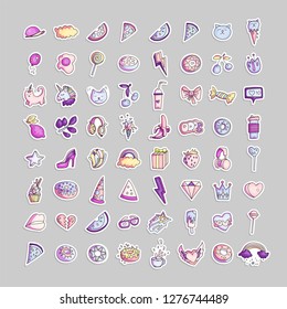Cute funny Girl teenager colored icon set, fashion cute teen and princess icons - pizza, unicorn, cat, lollypop, fruits and other hand draw line teens icon collection. Magic fun cute girls objects