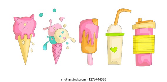 Cute funny Girl teenager colored icon set, fashion cute teen and princess icons. Magic fun cute girls objects - ice cream, cocktails and lollipops hand draw teens icon collection.