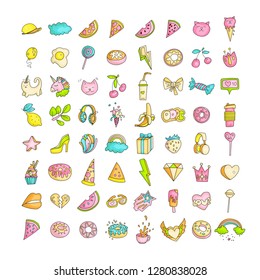 Cute funny Girl teenager colored icon set, fashion cute teen and princess icons - pizza, unicorn, cat, lollypop, fruits and other hand draw line teens icon collection. Magic fun cute girls objects