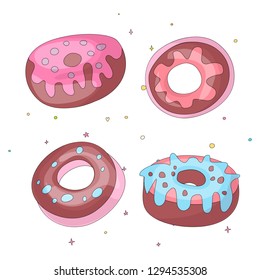 Cute funny Girl teenager colored icon set donuts, fashion cute teen and princess icons. Magic fun cute girls donuts with decoration hand draw teens icon collection.
