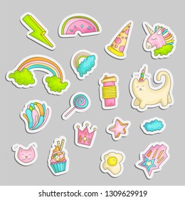 Cute funny Girl teenager colored stickers set, fashion cute teen and princess icons. Magic fun cute girls objects - unicorn, rainbows, pizza, crown, cats, stars and other draw teens icon patch