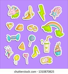 Cute funny Girl teenager colored stickers set, fashion cute teen and princess icons. Magic fun cute girls objects - banana, lightning, sweets, baloon, glasses and other draw icon patch collection.