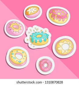 Cute funny Girl teenager colored icon set sticker donuts, fashion cute teen and princess icons. Magic fun cute patch girls donuts hand draw teens icon collection on pink gradient.