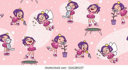 Cute and funny girl vector seamless pattern on pink background. Cartoon princess characters design with flat color in different poses and with different emotions