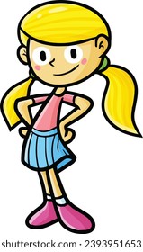 Cute and funny girl wearing pink shirt and blue skirt cartoon illustration