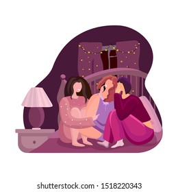 Cute funny girlfriends on a pajama party. Set with cute gossiping girls. Girls met each other to share secrets. Festive warm atmosphere of home interior. Trendy fashion illustration in sketch style.
