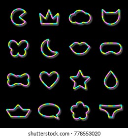 Cute funny girlish neon icons set, vector