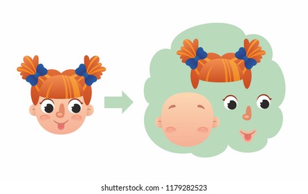 Cute funny girl's faces constructor. Cartoon characters. Illustration for kids 